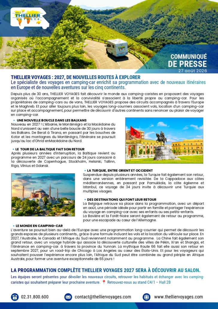 Alt : Camping-car Thellier Voyages sur une route de montagne verdoyante Légende : Thellier Voyages dévoile ses circuits 2027 en camping-car. (Image générée par l'IA)